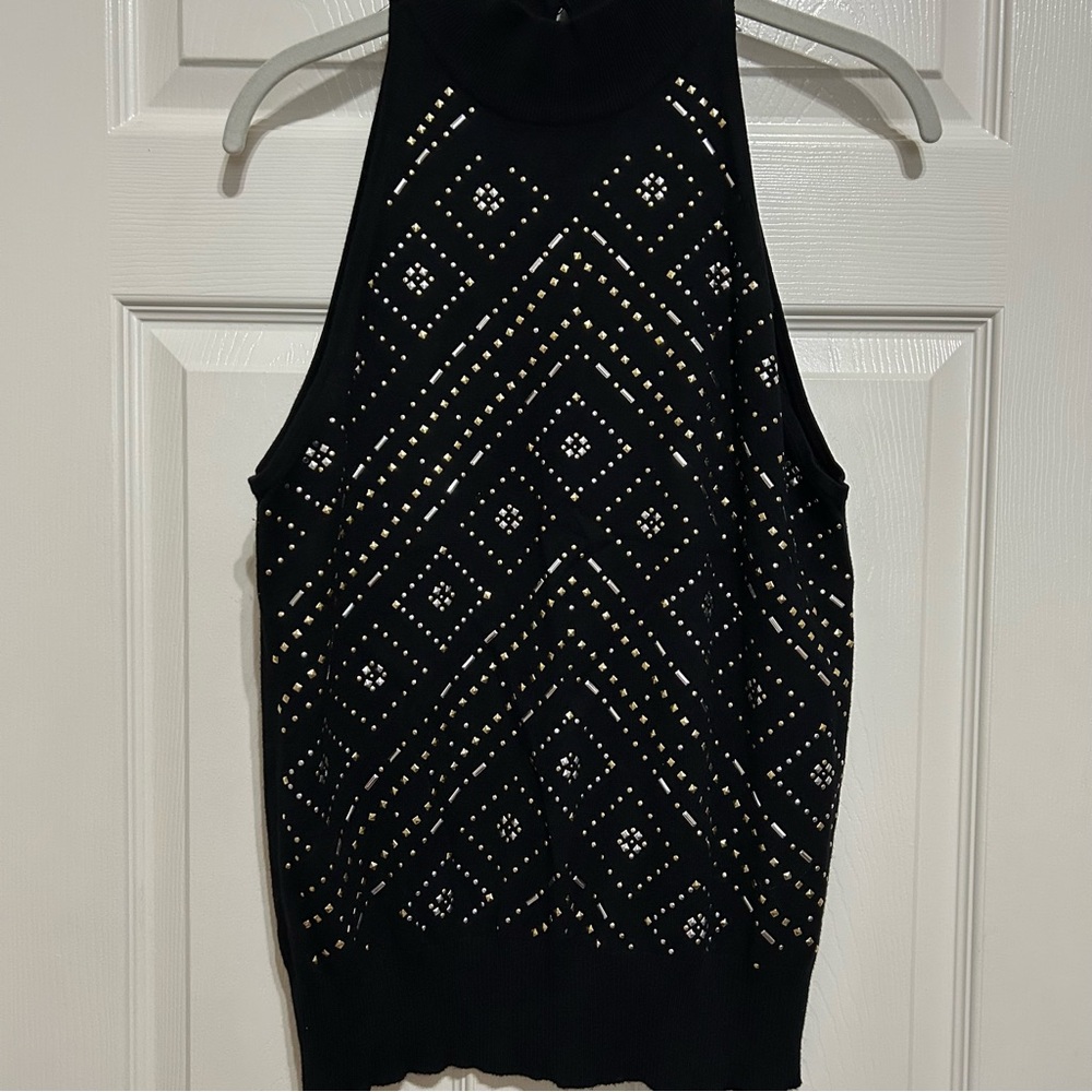 Carmen Marc Valvo Black and Gold Studded Tank Top